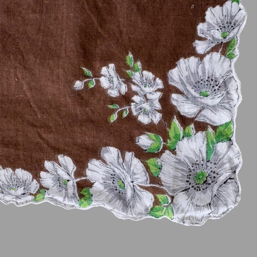 Vintage 1950s Floral Handkerchief Brown White